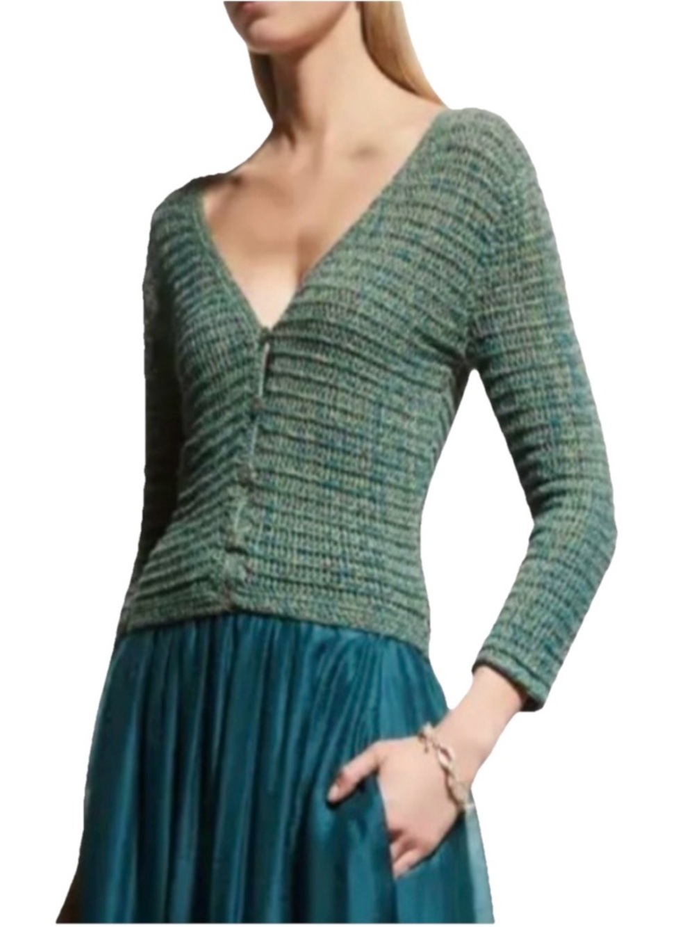 Vince Marled Crochet Cardigan Women’s Teal-Green Ribbed Cotton V-Neck Size Small